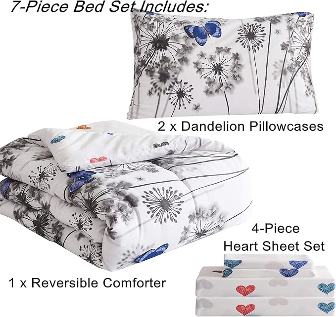 Reversible Queen Comforter Set, Bed in a Bag Queen 7 Pieces, Floral Butterfly Hearts Bedding Set, Soft Microfiber Grey Dandelion on White Bed Set with Comforter, Sheets and Pillowcases