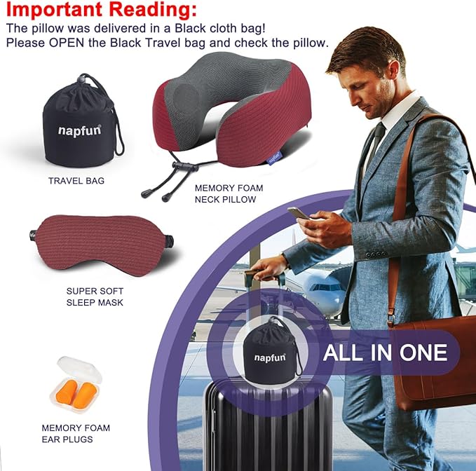 napfun Neck Pillow for Traveling, Upgraded Travel Neck Pillow for Airplane 100% Pure Memory Foam Travel Pillow for Flight Headrest Sleep, Portable Plane Accessories, Luxury Sets (Optional), Wine-Red