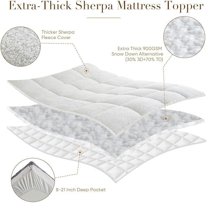 Cymula Twin Bed Mattress Topper, Sherpa Mattress Pad for Twin Dorm Bed Extra Thick 900GSM Down Alternative Plush Pillow Top Soft Futon Paded Mattress Protector Cover, White