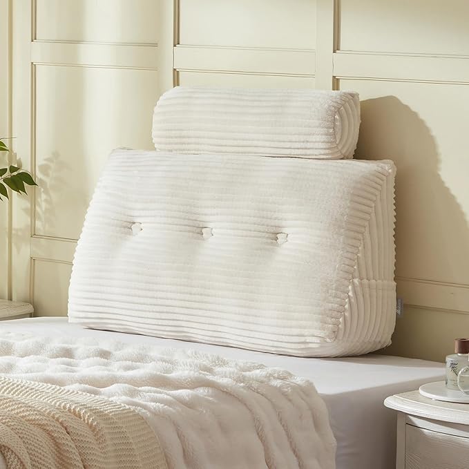 Headboard Wedge Pillow + A Long Neck Roll Pillow Body Pillow,Large Headboard Pillow with Removable Cover (Beige, Twin:39x8x20 inches)