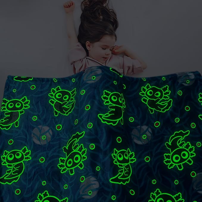 BORORO Glow in The Dark Axolotl Blanket - Black Axolotl Gifts Toys for Kids Boys Ages 3-12 Years Old Birthday, Lightweight Blue Soft Salamander Throw Blanket for Bed Couch Bedroom Decor 50x60 inches