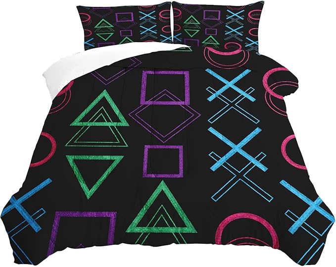 Game Bedding Set King Size Geometric Comforter for Kids Boys Men Black Abstract Bedroom Decor Quilt Bed Sets, 1 Comforter 2 Pillowcases