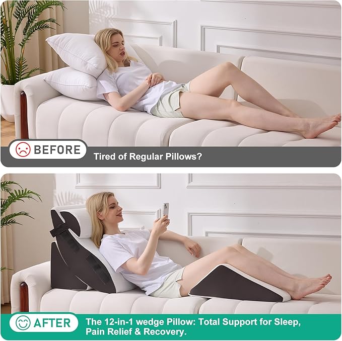 4PCS Wedge Pillow Set for After Surgery, Orthopedic Bed Wedge Pillow for Back Pain Relief, Sitting Up in Bed, Acid Reflux, Adjustable Post Surgery Pillows for GERD, Snoring, White/Grey
