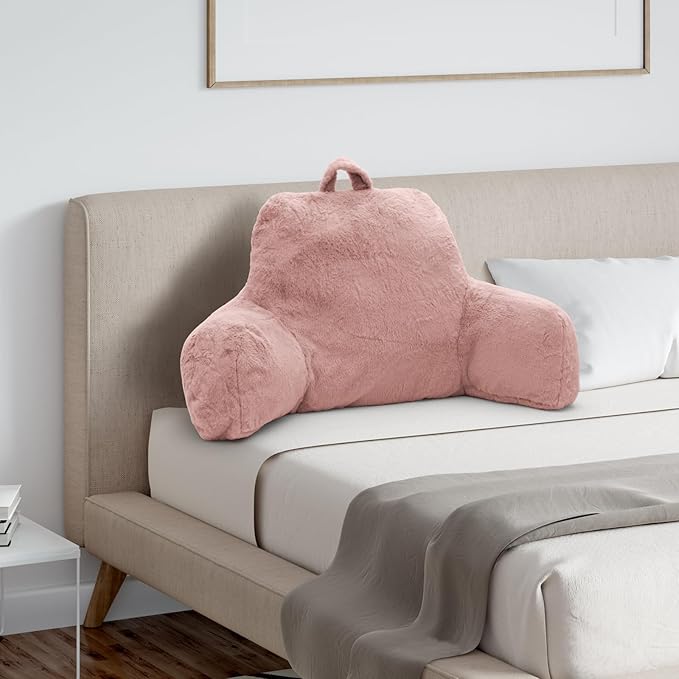 Reading Pillow, Back Support Pillow for Bed Sitting Up, Standard Bed Rest Pillow with Arms for Adults,Back Support Pillow for Couch and Chair, Bed Reading Pillow, Pink
