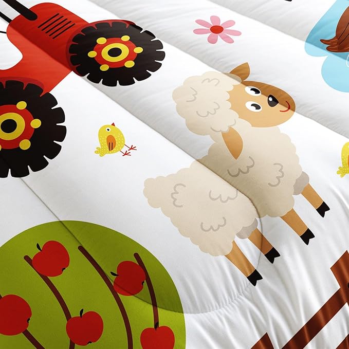 Kids Comforter Set Farm Theme Printed Pattern Bedding Set with 1 Comforter and 2 Pillowcases for Girls Boys Bedroom All Season(Farm Theme01 Queen)