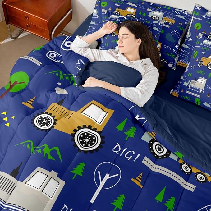 Feelyou Construction Comforter Set King Size 7 Pieces Equipment Trucks Bedding Set Kids Boys Excavator Tractor Bed in a Bag with Comforter, Sheets Construction Vehicles Blue Yellow Quilted