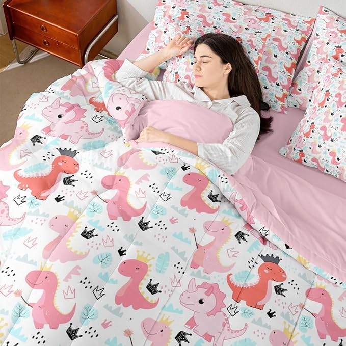 Feelyou Pink Dinosaur 7 Piece Bedding Set Cute Dinosaur Comforter Set with Sheets for Kids Boys Girls Crown Print Bed in a Bag Kawaii Animal Bed Set Soft Lightweight