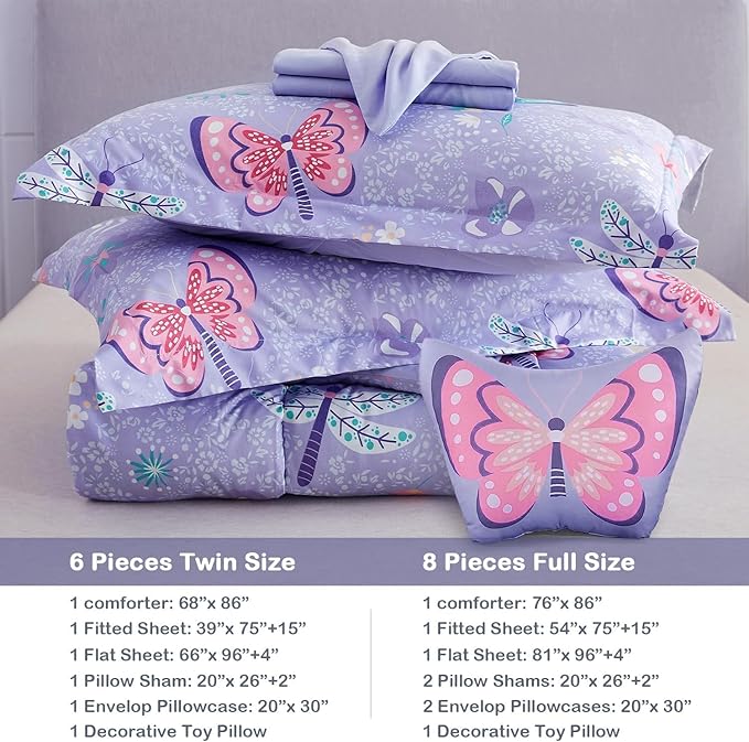 Mooreeke Kids Full Comforter Sets for Girls 8 Pieces Butterfly Purple Bedding Set for Teens Soft Microfiber Kids Bed in A Bag with Comforter, Sheet Set, Shams and Decorative Toy Pillow All Season