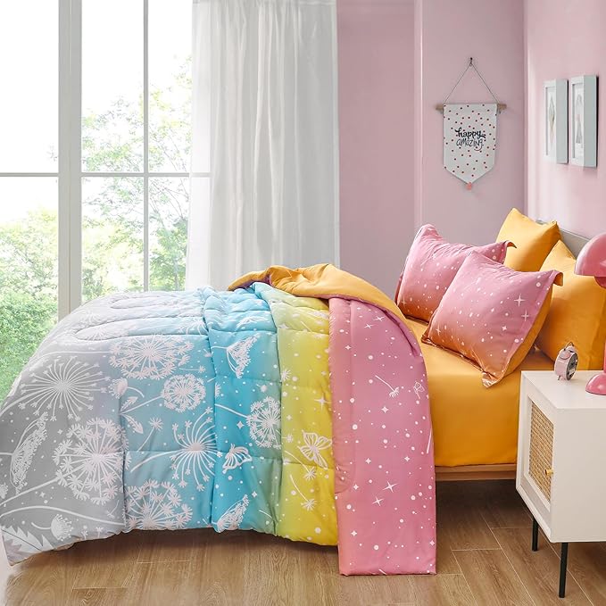 Menghomeus Girls Comforter Set Queen Size 7 Pieces Bed in A Bag Ombre Rainbow Bedding Set Dandelion Butterfly Print Kids Bedding Collections