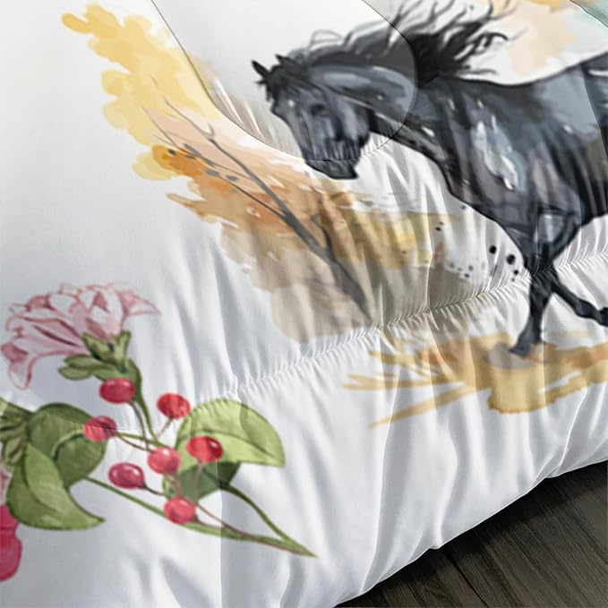 Horse Comforter Bedding Set for Boys Girls Kids Teens, Watercolor Painting Horse and Flowers Print Bedding Set Twin Size