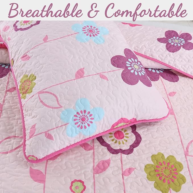 Cozy Line Home Fashions Pink Little Heart Floral Microfiber Reversible Girls Coverlet Bedspread Quilt Set, Bedspread, Coverlet (Flower Garden, Queen - 3 Pieces)