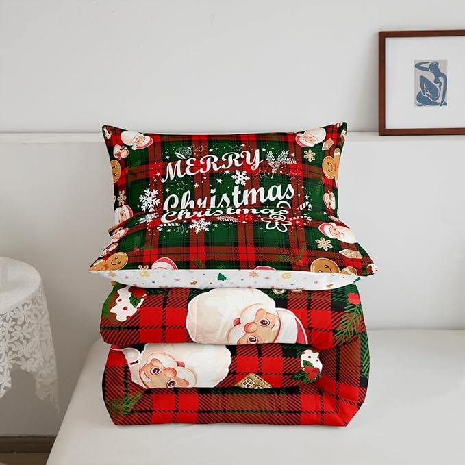 Erosebridal Christmas Comforter Set King,Merry Christmas Bedding Set for Kids Teens Youth,Cute Snowman Santa Claus Duvet Insert,Red Green Grid Lattice Quilt Comforter with 2 Pillow Shams Soft