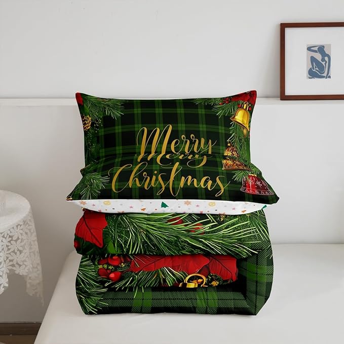 Red Blue Merry Christmas Comforter Set for Kids Boys Girls,Christmas Balls Bedding Set,Vintage Xmas Grid Lattice Duvet Insert Queen,Happy Holiday Down Comforter with 2 Pillowcases Bedroom Decor