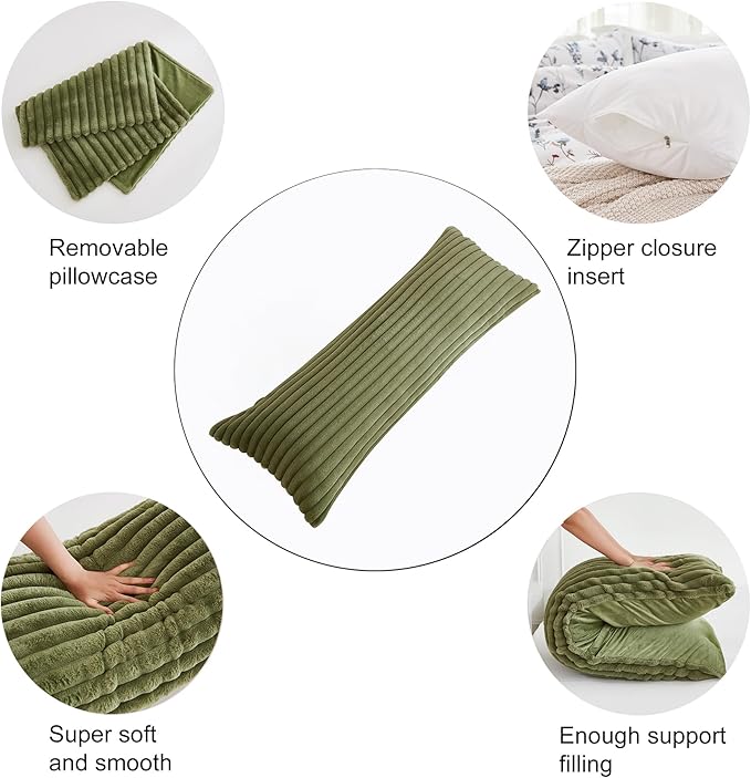 Full Body Pillow with Fluffy Stripe Faux Fur Removable Cover, Long Bed Pillow Adult 20x54 Inches for Side Sleeper and Pregnancy, Sage.