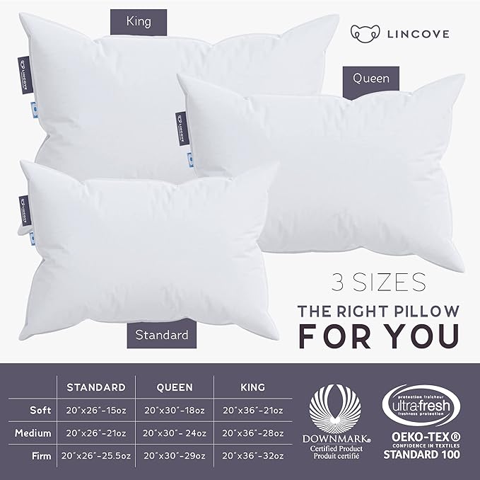 Lincove Cloud Natural Canadian Down Pillow, White Luxury Sleeping Pillow - 625 Fill Power, 500 Thread Count Cotton Shell, Made in Canada, Standard - Medium, 2 Pack