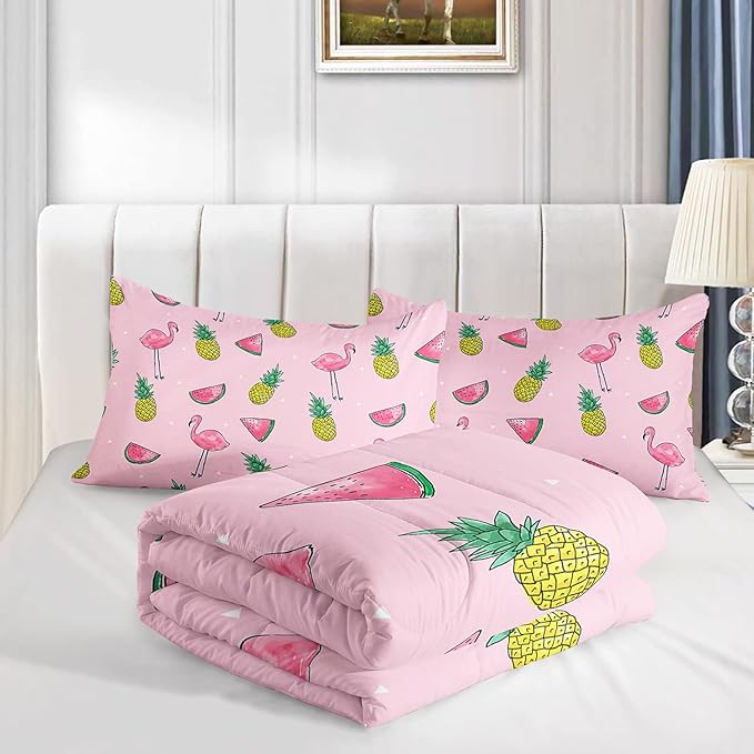 Flamingo Watermelon Comforter Set Full Size Tropical Flamingo Pineapple Bedding Set Cool Summer Quilted Duvet for Kids Girls Boys Adult with 1 Comforter and 2 Pillowcases