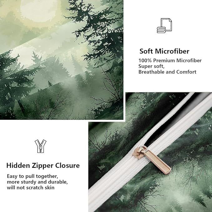 Pine Tree Duvet Cover King Size Forest Olive Green Duvet Cover Set Gradient Watercolor Botanical Bedding Set Soft Breathable Microfiber Comforter Cover(2 Pillowcases, No Comforter)