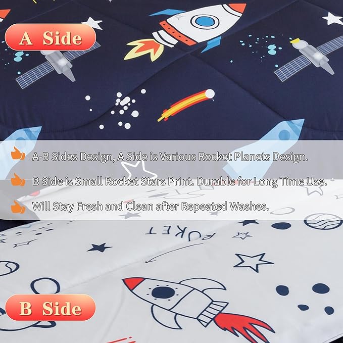 RYNGHIPY Kids Comforter Set Twin Size Cute Rocket Bedding Set for Boys Girls Space Themed Teen Boy Bedding (Space Rocket,Twin)