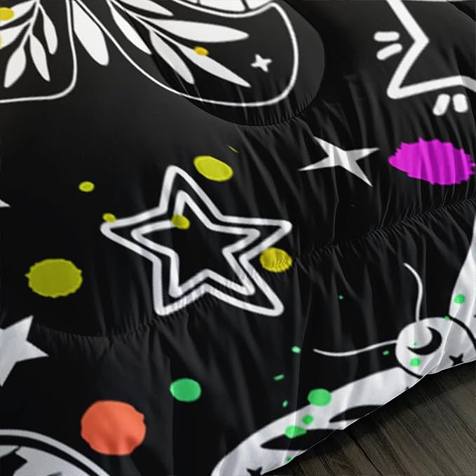 Cartoon Cosmic Planets Comforter Set for Kids, Butterfly and Moth Bedding Set with Colorful Spot Design, Star Pattern Black Comforter Bedroom Decoration Twin Size