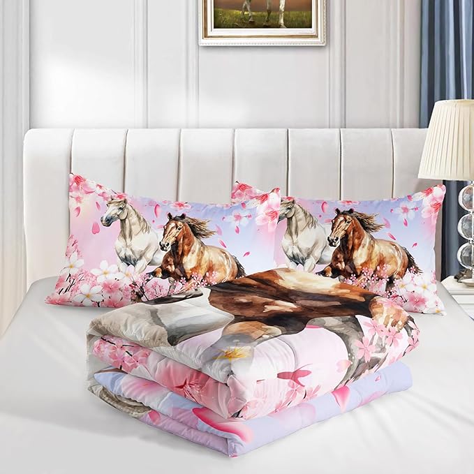 Kid Horse Comforter Set Full Room Floral Animal Theme Handsome Horse Chic Cherry Blossom Bedding Set 3D Wild Animal Decor Quilt Set for Girls Adult, 1 Comforter + 2 Pillowcases