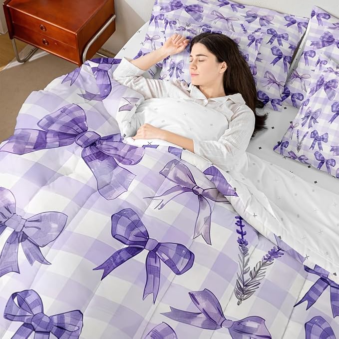 Feelyou Purple Bowknot 7 Piece Bedding Set Lavender Flower Comforter Set with Sheets for Kids Boys Girls Purple Stripe Bed in a Bag Princess Theme Bed Set Soft Lightweight