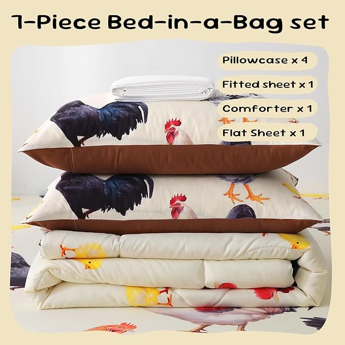 Wajade Chicken Comforter Set 7 Pcs Animal Theme Bedding Set Queen Size for Kids Adults Chicken Quilt Farm Theme Printed Pattern for Thanksgiving Birthday