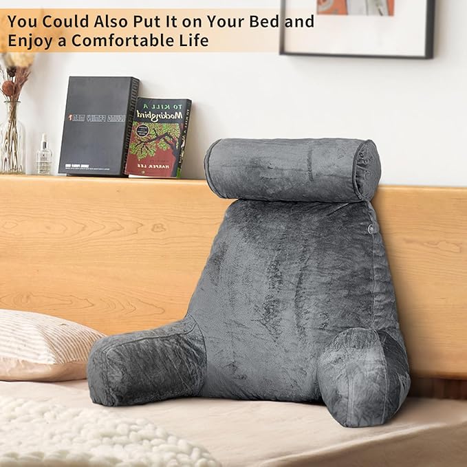 Reading Pillow for Sitting in Bed with Detachable Neck Roll & Big Bed Backrest Pillow Back Support Pillow Chair Pillow with Washable Cover for Adult with Arms and Side Pocket Shredded Foam