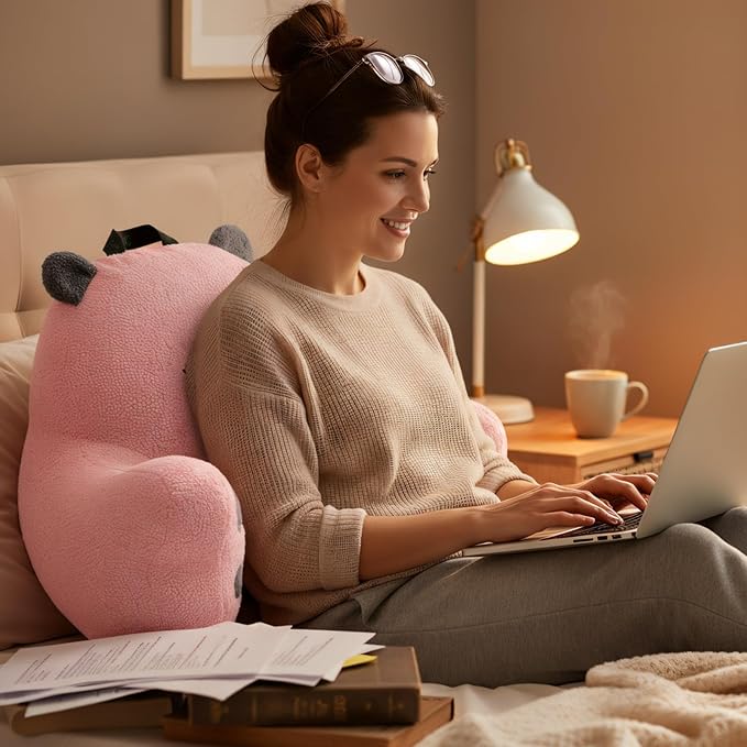 Reading Pillow for Sitting in Bed Couch Teens/Adult, Back Rest Pillow for Sitting Up in Bed with Shredded Memory Foam, Includes Arms and Washable Cover (Pink)