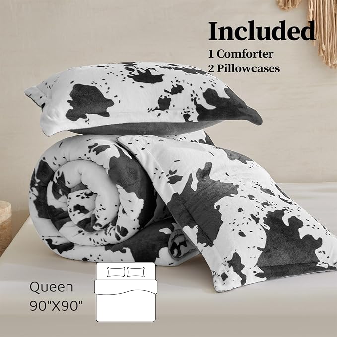 Petrichor Velvet Flannel Queen Comforter Set-Cow Print Western Style Blanket,Luxury Fuzzy Heavy Bedding Set, 3 Pieces Plush Winter Bed Set with Comforter (90"x90") & 2 Pillow Shams (20"x26")