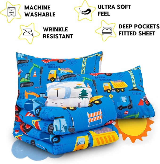 Holawakaka Trucks Excavator Cars Boy Bedding Comforter Set with Sheets, Full Size Cartoon Construction Car Tractor Print Kids Bed in A Bag 5-Piece, Boys Reversible Dorm Bed Sets (Blue Full)