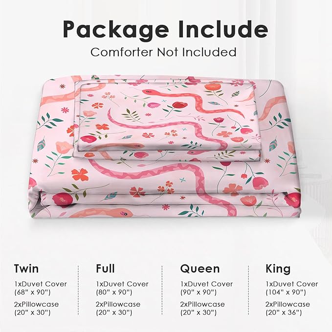 Reptiles Snake Theme 3 Pieces Duvet Cover Comforter Set with 2 Pillowcase Twin Size Snake Flower Bed Sheet Quilt Bedroom Bedding for Lover Kids