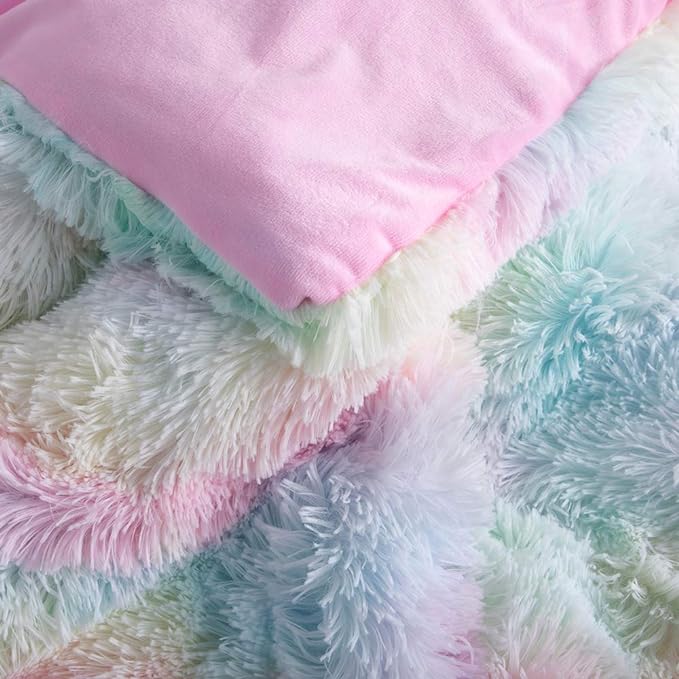 Wajade Faux Fur Plush Rainbow Comforter Set Fluffy Fuzzy Shaggy Bedding Set - 3PC King Size Microfiber Soft Warm Quilt Set