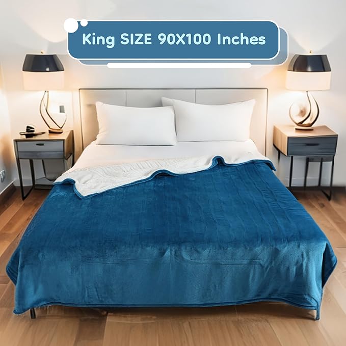 Electric Heated Blanket King Size - 90"x100", Soft Flannel Heating Blanket, 10 Heating Levels, 1-12 H Auto Shut Off, Breathable Warm and Washable for Bed, Lake Blue