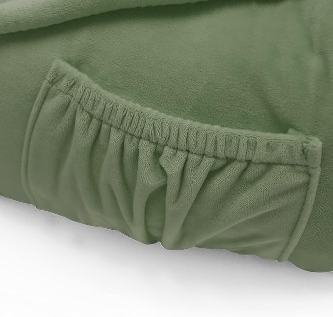 Super Soft Velvety Backrest Reading Bed Rest Pillow with Arms and Pockets 18" H for Sitting in Bed Couch Sofa, Back Support Wedge Cushion with Removable Cover, 20" x 18" x17", Avocado