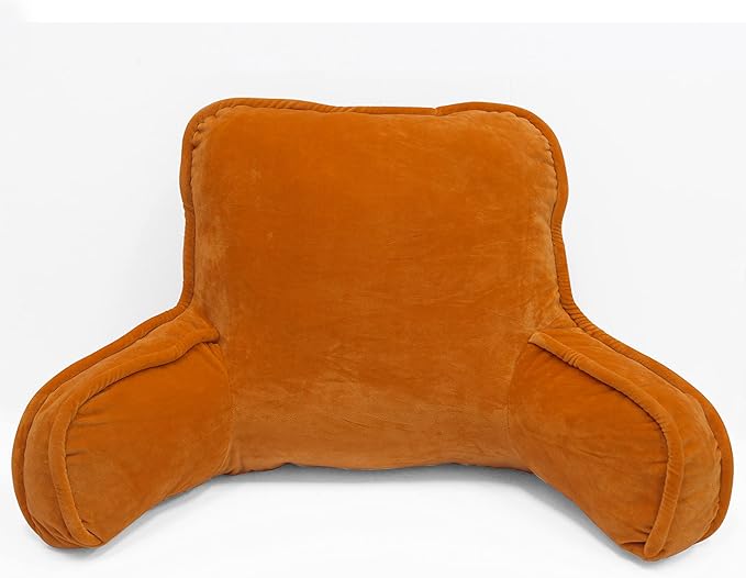Super Soft Velvety Backrest Reading Bed Rest Pillow with Arms and Pockets 18" H for Sitting in Bed Couch Sofa, Back Support Wedge Cushion with Removable Cover, 20" x 18" x17", Burnt Orange