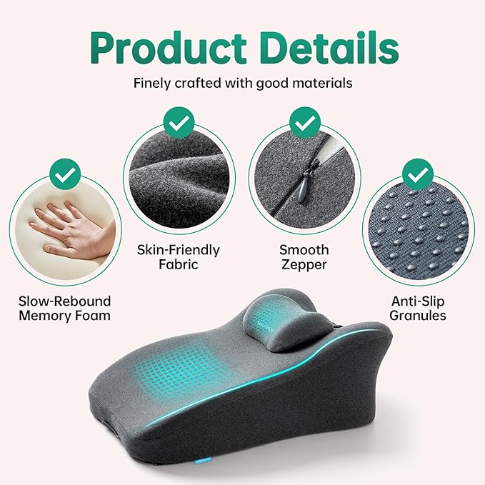 Reading Pillow for Prone, Lying and Sitting in Bed, Wedge Pillow for Headboard, Ergonomic Memory Foam Bed Wedge Pillow for Chin & Back Support, Ideal for Massage and Sleeping - Gray