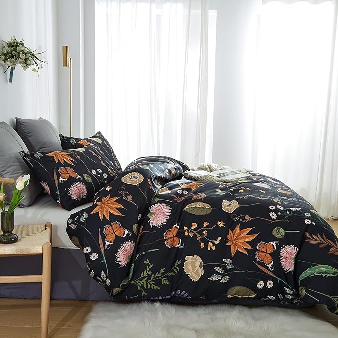 Floral Duvet Cover California King Size Black Duvet Cover Set with Pink Floral Colorful Botanical Yellow Butterfly 3D Printed Comforter Cover 3 Pcs Soft Microfiber Bedding Set with Zipper Ties