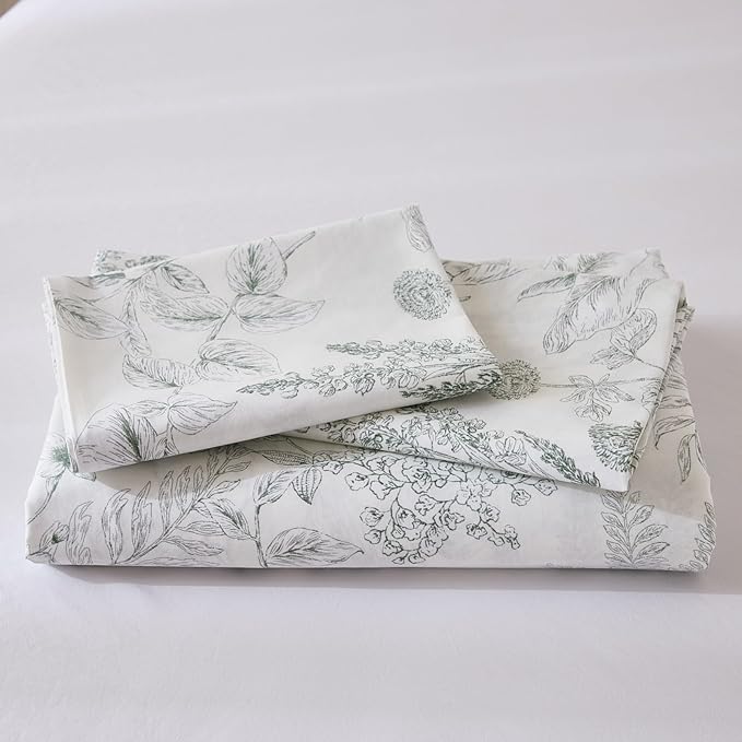 Duvet Cover Set Queen Size 100% Nature Cotton Reversible Botanical Queen Duvet Cover Set 3 Pieces Soft & Breathable Bedding Set with Zipper Closure & Corner Ties