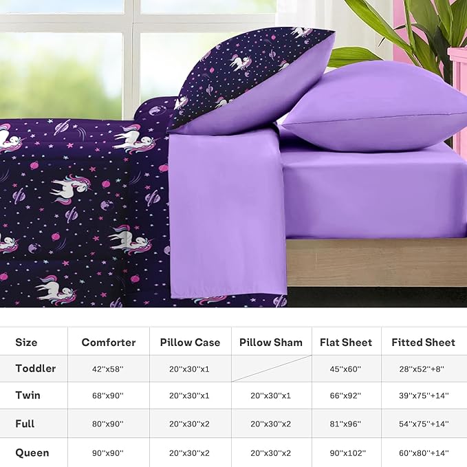 Nesker Comforter Set Queen Size, Purple Unicorn 7 Pcs Bedding for Kids Teens, Cute Rainbow with Fitted Sheet 2 Pillowcases & 2 Shams for Bedroom Bed Decor