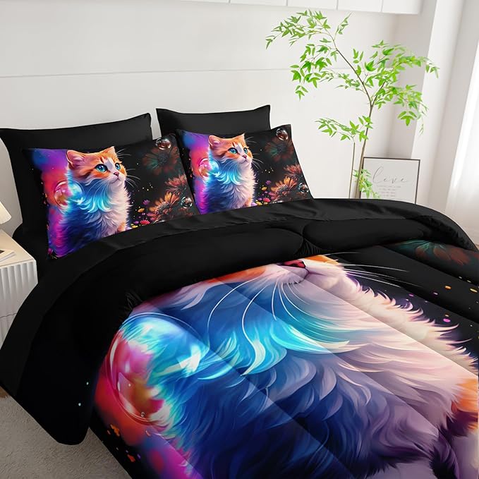 Cartoon Kawaii Cat Comforter 7Pcs 3D Animal Flower Toddler Bedding Set Cat Lovers Animal Bubble Quilt Bed Set for Kid Girl Boy Teen Adult Twin with 2 Sheets,2 Pillowcases,2 Throw Pillow Covers