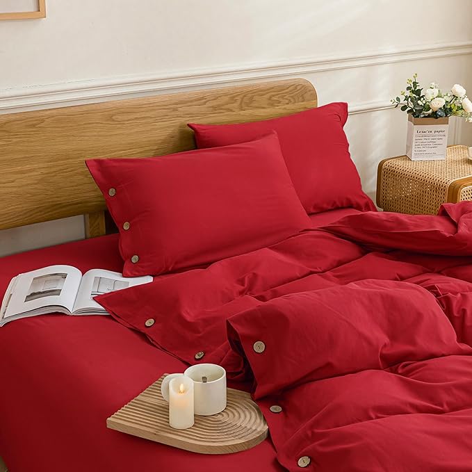 JELLYMONI Cotton Duvet Cover Full Size - Crimson Red Comforter Cover with Button 100% Washed Cotton 3PCS Breathable Soft Solid Bedding Set Duvet Cover 80×90in & 2 Pillowcases (NO Comforter)