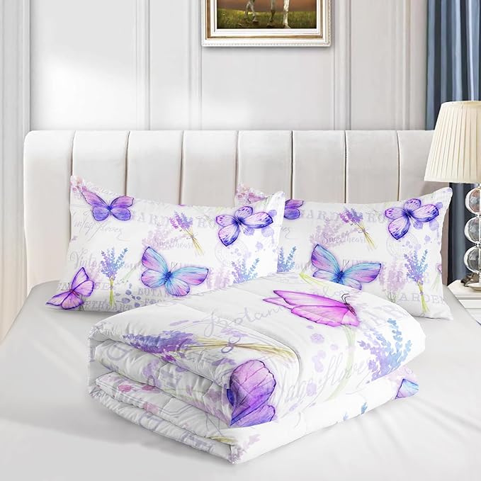 Butterfly Comforter Set Full Size for Girls Kids Adults Lavender Flowers Pattern Bedding Set Aesthetics Butterflies Quilt Bed Set with 1 Comforter and 2 Pillowcases