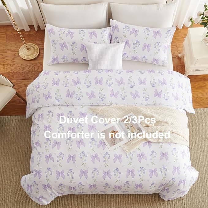 Purple Bow Duvet Cover Queen 3Pcs Girls Floral Duvet Cover Set, Cute Romantic Princess Style Bowknot Bedding Set Soft Microfiber Garden Flower Bedding with 2 Pillowcases(No Comforter)