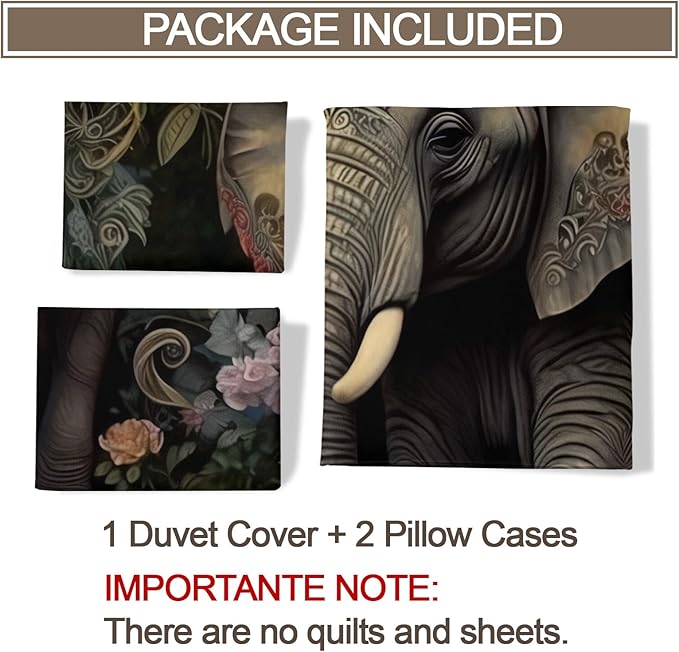 Elephant Duvet Cover Queen Size, Retro Tropical Elephant Bedding Set 3 Piece Bedroom Decor Boho Jungle Comforter Cover and 2 Pillow Sham with Zipper Closure