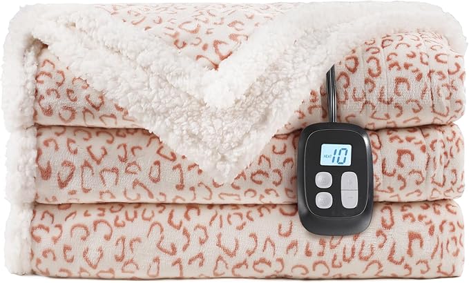 Electric Heated Blanket Full Size 72x84 - Leopard Print Flannel Soft Heating Blanket with 10 Heat Levels & Auto Shut Off, Machine Washable Warm Throw for Bed Couch, Brown White