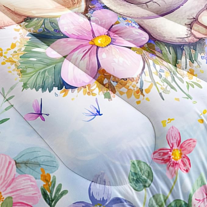 Elephant Flowers Comforter 3pcs Queen Wild Animals Pink Purple Kawaii Butterfly Bedding Kids Comforter Set for Boys Girls Cute Pattern Quilt Bed Set with 1 Comforter and 2 Pillowcases