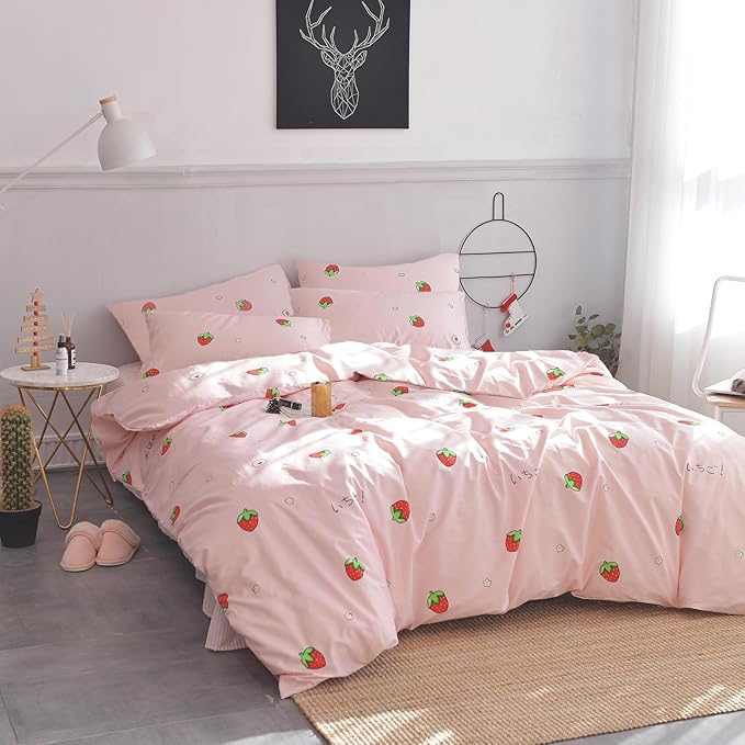 AOJIM Pink Kids Duvet Cover Set Cute Style, Pure Cotton Anime Bedding Comforter Cover Set 3pcs with Zipper Closure, 1 Super Soft Strawberry Duvet Cover and 2 Pillowcases for Room Decor, Twin XL Size