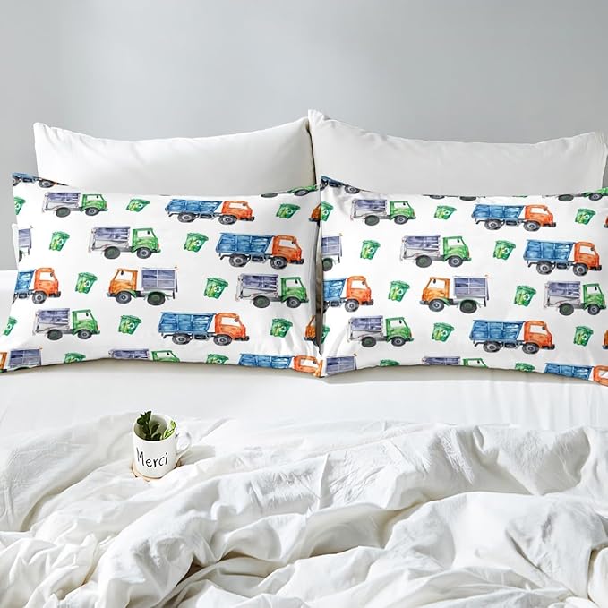 Cartoon Garbage Truck Bedding Green Trash Truck Comforter Set for Kids Boys Girls Toddler Green Vehicle Car Bedding Set Refuse Classification Garbage Truck Print Duvet Set 2 Pieces Toddler Size