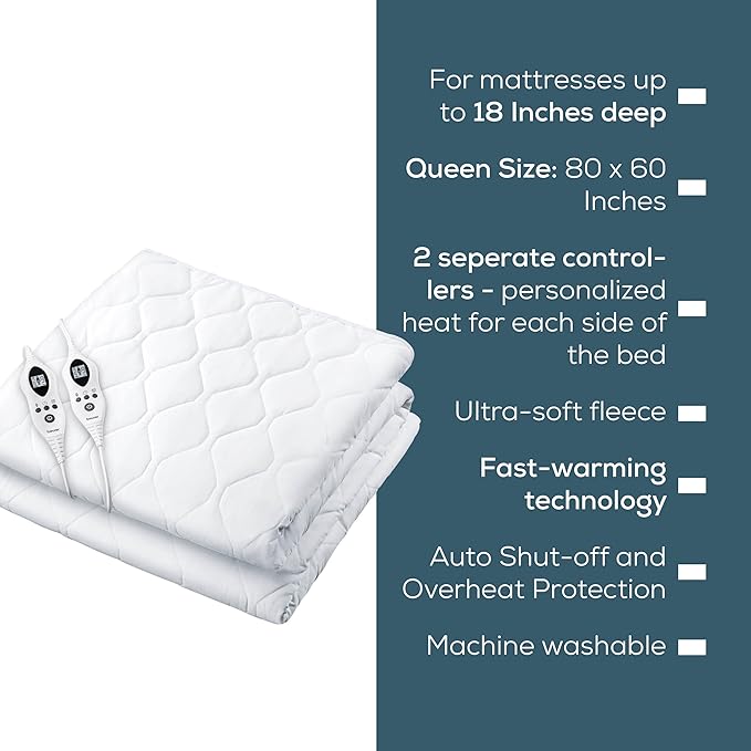 Beurer UWB70 Heated Mattress Pad Queen, Dual Control Electric Mattress Cover with Separate Feet/Body Heat, Auto Shut Off, 9 Warming Levels, Overheat Protection, and Soft Quilted Fabric, 60" x 80"