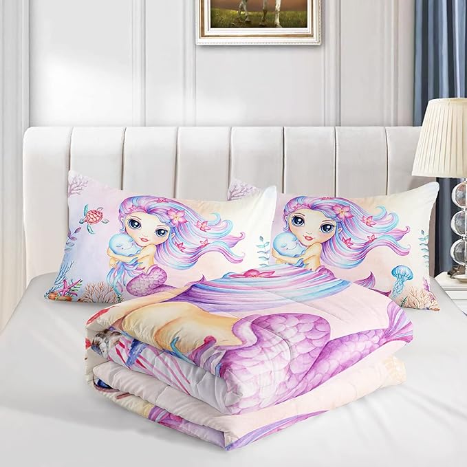 Mermaid Comforter Set Twin Size Jellyfish Turtle Bedding Set Fish Grass Quilt Bed Set for Kid Girls with 1 Comforter and 2 Pillowcases